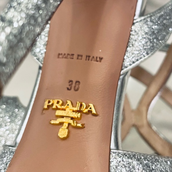 PRADA SILVER GLITTER STRAP PLATFORM SHOES - Picture 10 of 13